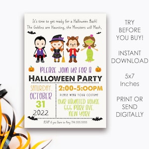 Editable Halloween Party Invitation for Kids, Halloween Monster Bash, Printable Halloween Bash Invite, Costume Dress up Party, Instant