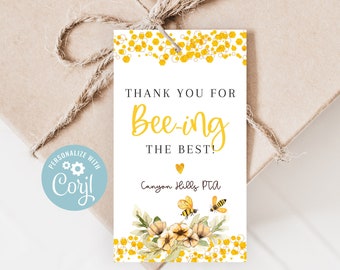 Bumble Bee Teacher Appreciation Tags, Printable Thank You For Beeing The Best Favor Tag,  Editable End of Year Gifts for Volunteers