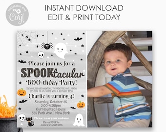 May include: A Halloween party invitation with a gray background and black and white illustrations of a ghost, spider, bats, and stars. The text reads "Please join us for a SPOOKtacular BOO-thday Party!" with a photo of a young boy in the upper right corner.