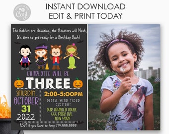 May include: A Halloween-themed birthday invitation for a girl turning three. The invitation features a black chalkboard background with a pumpkin, a witch, a vampire, a werewolf, and a mermaid. The text reads "Charlotte will be three" and includes the date, time, and location of the party. The invitation also includes a photo of a young girl.