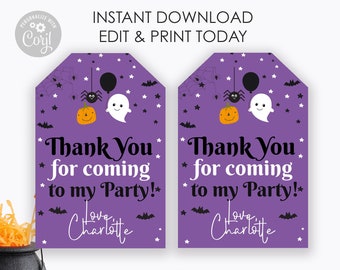 Purple Happy Halloween Birthday Thank You Tag, Halloween Goodie bag Tags, Candy Treat tag, Favor Tags, Class Parties, Kids Halloween Party