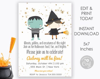 Editable Halloween Birthday Party Invitation, Kids Halloween Birthday, Printable Halloween Birthday Bash Invite, Spooktacular Bday, Glitter