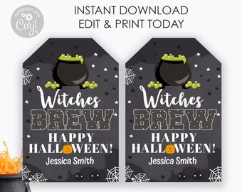 Editable Witches Brew Wine Gift Tags, Printable Halloween Tag, Personalized Wine Tags, Gift Ideas for Halloween, Gifts for Friends, Booz Tag