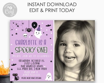 Editable Purple Halloween Birthday Invitation with Picture, Kids Halloween Birthday, Printable Halloween Bash Invite, Photo Digital Invite