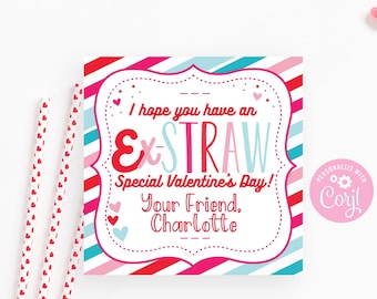 Printable Valentine's Day Straw Tags for Kids Classroom Valentine Exchange Party, Instant Download, Editable Cards with Corjl