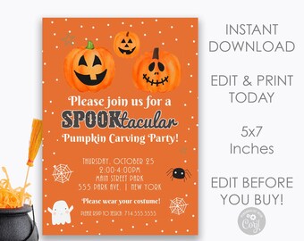 May include: An orange and white printable invitation for a Spooktacular Pumpkin Carving Party. The invitation features three cartoon pumpkins with smiling faces and a spider web design. The text on the invitation reads "Please join us for a Spooktacular Pumpkin Carving Party!" and includes the date, time, location, and RSVP information. The invitation is 5x7 inches.