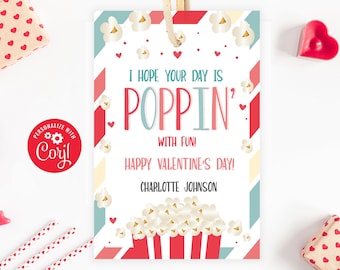 Printable Popcorn Valentine's Day Tags,  Poppin With Fun Valentine, Classroom Exchange Cards for Kids, Non-Candy Valentine Editable in Corjl