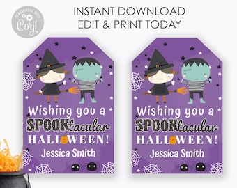 May include: Two printable Halloween gift tags featuring a witch and a Frankenstein monster. The tags are purple with white spiderwebs and black stars. The text on the tags reads "Wishing you a SPOOKtacular HALLOWEEN!" and "Jessica Smith".