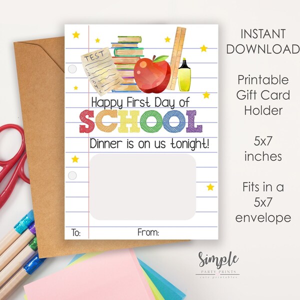 Happy First Day of School Gift Card Holder, Restaurant Gift Card Holder, Teacher Printable Gift Cards, 1st day of School Instant Download