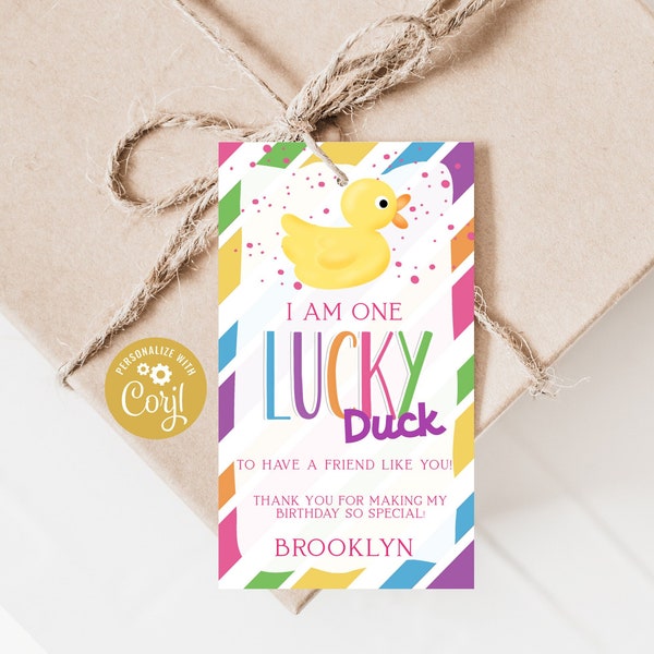 Printable Colorful Lucky Duck Favor Tags for Kids, Editable Cards With Corjl, Bday Favors, Bday Treats For Friends, Classroom Party, Instant