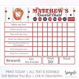 May include: A printable baseball-themed reward chart for kids. The chart has a red and white striped background with stars and a baseball glove graphic. It includes a grid for tracking points earned for completing chores like making the bed, cleaning up toys, and reading for 30 minutes. The chart also includes a section for the reward, which is getting ice cream, and a goal of 50 points.
