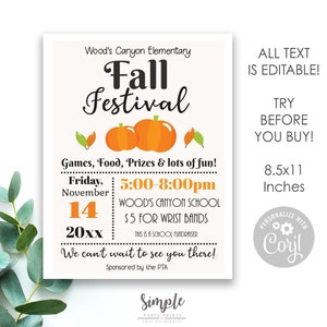 Puede incluir: Un folleto imprimible para un festival de otoño en la escuela primaria Wood's Canyon. El folleto presenta un esquema de color naranja, amarillo y marrón con calabazas y hojas de otoño. El texto dice "Festival de otoño" e incluye detalles sobre el evento, como la fecha, la hora, la ubicación y el costo de las pulseras. El folleto también indica que el evento es una recaudación de fondos para la escuela.