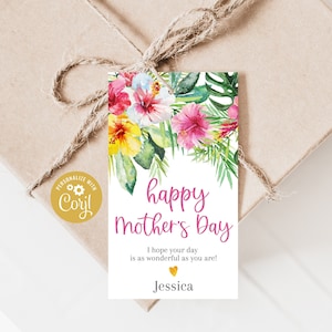 Printable Happy Mother&#39;s Day Gift Tag, Tropical Flowers Blank Tags, All Text Is Editable, Custom Hawaiian Hibiscus Label, Edit In Corjl, DIY