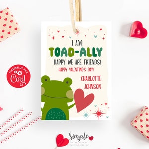 Imprimible Soy Toadally Happy Somos Amigos Etiquetas del Día de San Valentín, Tarjetas de Intercambio de Aula para Niños, Frog Valentine, Editable con Corjl