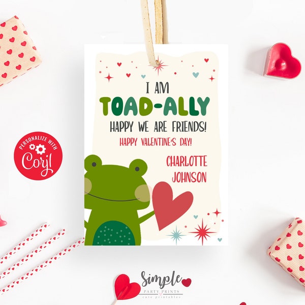 Printable I Am Toadally Happy We Are Friends Valentine's Day Tags, Classroom Exchange Cards for Kids, Frog Valentine, Editable With Corjl