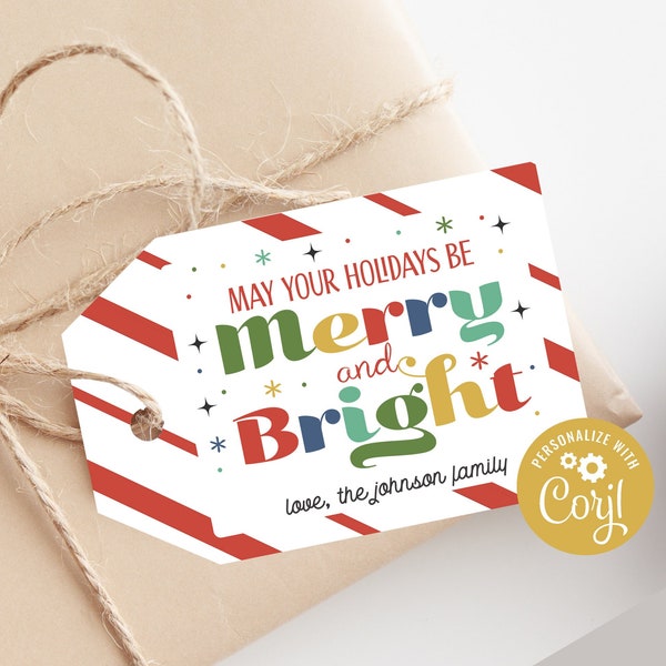Editable Merry and Bright Tag Holiday Gift Tags Christmas Tag Printable Happy Holidays Label for School or Work Corjl Instant Download