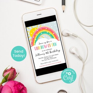 May include: A digital invitation for a child's birthday party. The invitation features a rainbow with a sun and clouds. The text reads "Join us for a Rainbow of Fun as we celebrate Jillian's 8th Birthday".