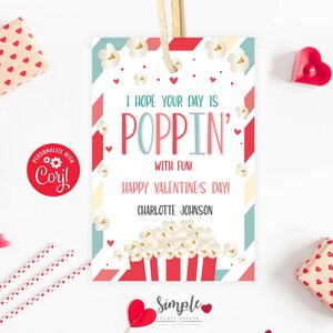 Etiquetas imprimibles del Día de San Valentín con palomitas de maíz, Poppin With Fun Valentine, Tarjetas de intercambio en el aula para niños, San Valentín sin dulces editables en Corjl