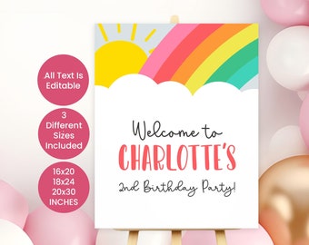 Rainbow Birthday Party Welcome Poster | Bright Rainbow Birthday Easel Poster Board Print | Editable Sign | Birthday Party Decorations LB