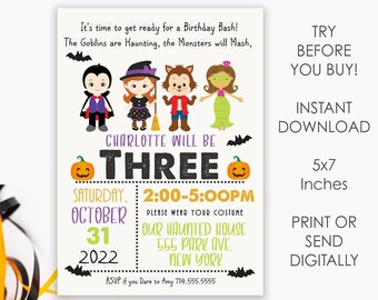 Editable Halloween Birthday Invitation, Kids Halloween Birthday, Printable Halloween Birthday Bash Invite, Costume Dress up Party, Instant