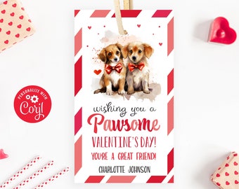 Printable Puppy Valentine's Day Gift Tag, Personalized Dog Valentine Label, Tags for Sweet Treats, Kids Classroom Exchange, Edit With Corjl
