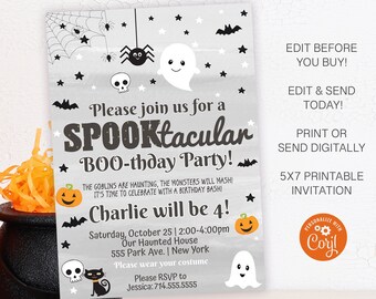 Editable Halloween Birthday Party Invitation, Kids Halloween Birthday, Printable Halloween Birthday Bash Invite, Spooktacular Bday, Gray