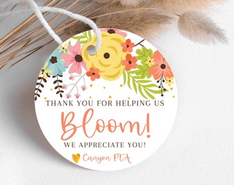 Flower Teacher Appreciation Week Tags, Printable Circle Thank You For Helping Us Bloom Favor Tag,  Editable End of Year Gifts for Volunteers