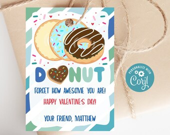 Può includere: Un biglietto di San Valentino a tema ciambella. Il biglietto presenta tre ciambelle, una ciambella al cioccolato, una ciambella blu con codette e una ciambella semplice. Il biglietto dice "DONUT forget how awesome you are! Happy Valentine's Day! Your friend, Matthew".