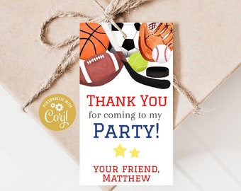 Etichette di ringraziamento stampabili per gli sport All-Star, etichetta per bomboniere per feste di compleanno a tema sportivo, amico All Star, basket, baseball, football, hockey