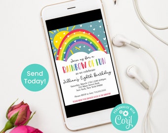 Rainbow Birthday Party Invitation | Girl Birthday Invite | Editable Printable Invites | Rainbow Theme Party | Invite to Text | Instant A2