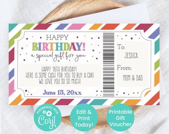 Editable Birthday Gift Voucher, Printable Bday Certificate Template, Custom Gift Ideas For Teenagers, Presents for Teens, Money Holder V5