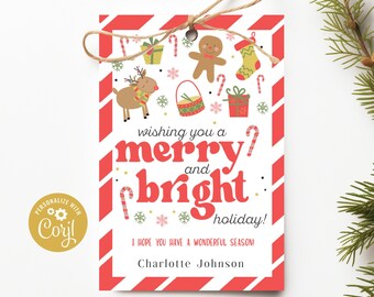Könnte beinhalten: Ein rotes und weiß gestreiftes Geschenkanhänger mit einer festlichen Weihnachtsbotschaft, die lautet: "wishing you a merry and bright holiday!" Der Anhänger zeigt ein Rentier, einen Lebkuchenmann, einen Strumpf und andere Weihnachtsmotive. Der Text "I hope you have a wonderful season!" und "Charlotte Johnson" ist ebenfalls enthalten.