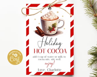 Etiqueta de instrucciones navideñas de chocolate caliente, etiqueta de regalo de Navidad de chocolate caliente casero imprimible, regalo secreto de Papá Noel de maestro compañero de trabajo, editar con Corjl