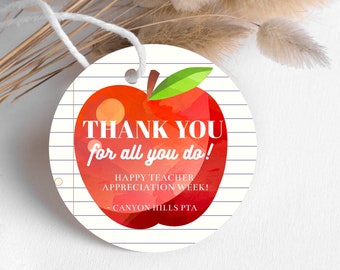 Teacher Appreciation Week Tags, Printable Circle Apple Thank You Favor Tag,  Editable School Gifts for Volunteers, DIY Print At Home Label