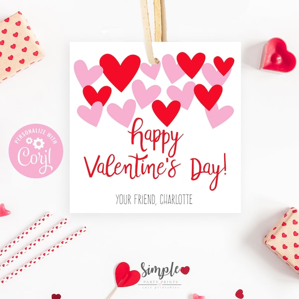 Printable Valentines Day Tags, Valentine's Day Cards, Valentines Labels, Red pink Valentines labels, Simple Heart Label, Classroom Exchange