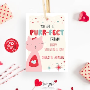 Etiquetas para impressão do Dia dos Namorados do amigo Purr-Fect, cartões de troca de sala de aula para crianças, namorados de gato editáveis, etiqueta de gatinho, editável com Corjl