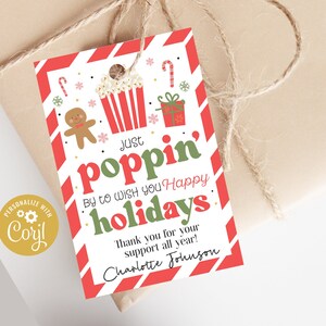 Etiquetas de presente de pipoca de Natal imprimíveis para amigos, etiqueta de pipoca de Natal para clientes, editável apenas aparecendo para dizer etiqueta de boas festas