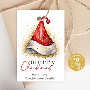 Druckbare Weihnachtsgeschenkanhänger - Merry Christmas Holiday Favor Tag, festliche Etiketten mit einem Weihnachtsmann-Hut, Familienfreunde, bearbeitbar mit Corjl