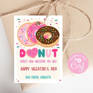 Donut Valentines Day Kids Cards, Valentine's Day Tags, Valentine Card Label, Donuts Tag , Donut Forget How Awesome You Are Printable Tag