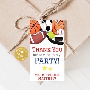 Afdrukbare All-Star Sports bedankkaartjes, label sportthema verjaardagsfeestje, All Star Friend, basketbal, honkbal, voetbal, hockey