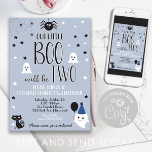 May include: A blue and white printable invitation for a child's second birthday party. The invitation features a ghost, a spider, and stars. The text on the invitation reads "Our Little Boo Will Be Two." The invitation also includes the date, time, and location of the party. The text "Please wear your costume!" is also included.