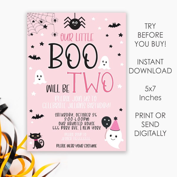 Editable Halloween Birthday Invitation, 2nd Birthday Party, Boo is Two, Printable Girls Pink Birthday Bash Invite, Costume Party, DIY