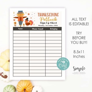 Editable Fall Festival Volunteer Sign Up Sheet | Instant Printable Thanksgiving Potluck Sign up Template |  Community Church or School Event