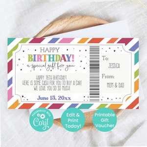 Editable Birthday Gift Voucher, Printable Bday Certificate Template, Custom Gift Ideas For Teenagers, Presents for Teens, Money Holder V5