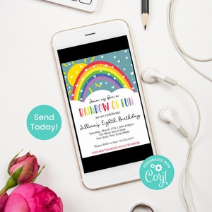 May include: A digital invitation for a child's birthday party. The invitation features a rainbow with a sun and hearts on a blue background. The text reads "Join us for a Rainbow of Fun as we celebrate Jillian's Eighth Birthday". The invitation includes the date, time, location, and RSVP information.