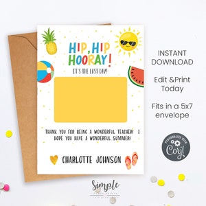 Plantilla imprimible para titular de tarjeta de regalo de fin de año escolar, el verano está aquí, ideas de regalos para maestros, regalos para voluntarios y asistentes de maestros