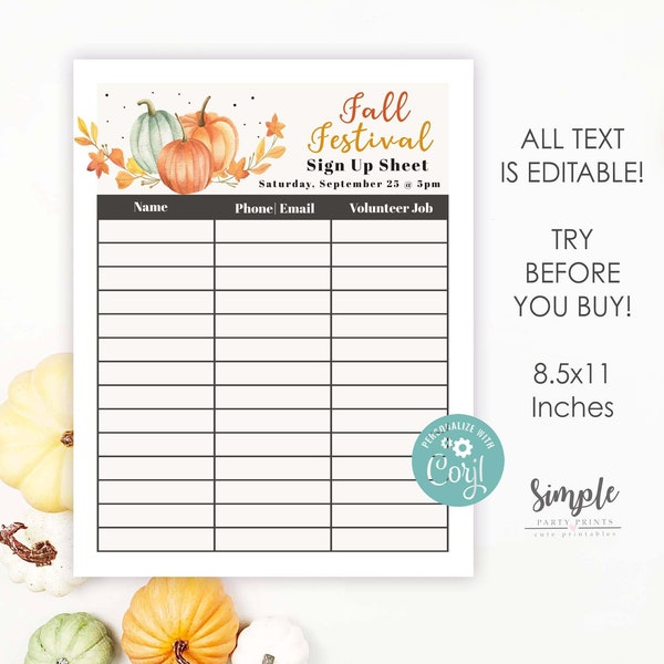 Editable Fall Festival Volunteer Sign Up Sheet | Instant Printable Thanksgiving Potluck Sign up Template |  Community Church or School Event