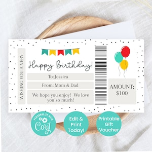 Editable Birthday Gift Voucher, Printable Bday Certificate Template, Custom Gift Ideas For Teenagers, Presents for Teens, Money Holder V5