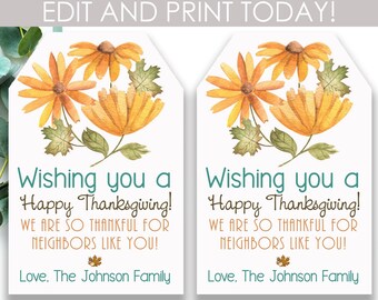Editable Thanksgiving Day Tag, Friendsgiving Favors, Thank You Tags, thankful for you tags, Grateful tags, Pumpkin Instant Download