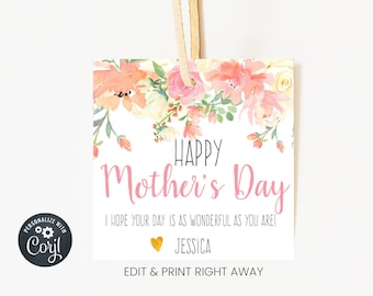 Printable Mother's Day Tag, Happy Mothers Day Gift Ideas for friends, Editable Gift Tags, Water Color Flowers Favor Tag, Gifts for Mom Moms